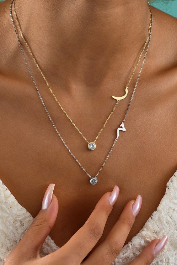 Custom Double Layer Arabic Initial & CZ Pendant Necklace